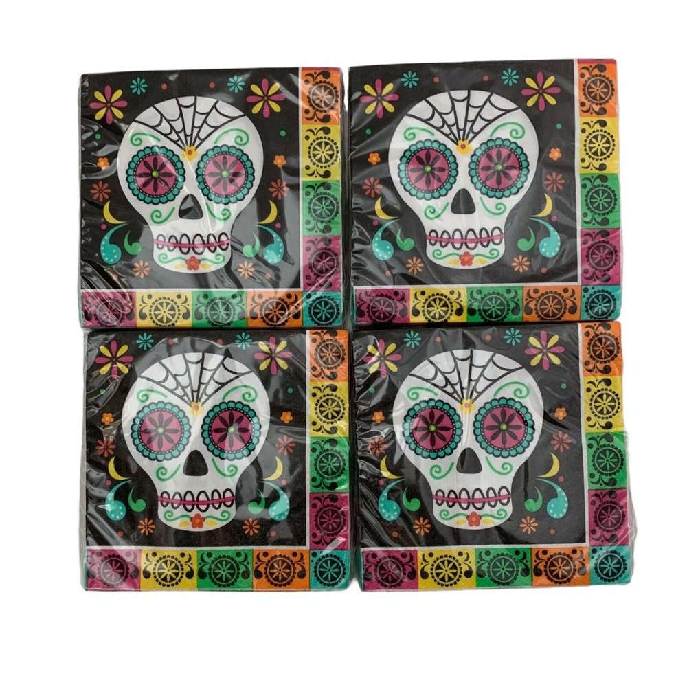 Day Of The Dead Beverage Napkins Sugar Skulls 4 Packs of 16 Size 9 4/5" x 9 3/4"